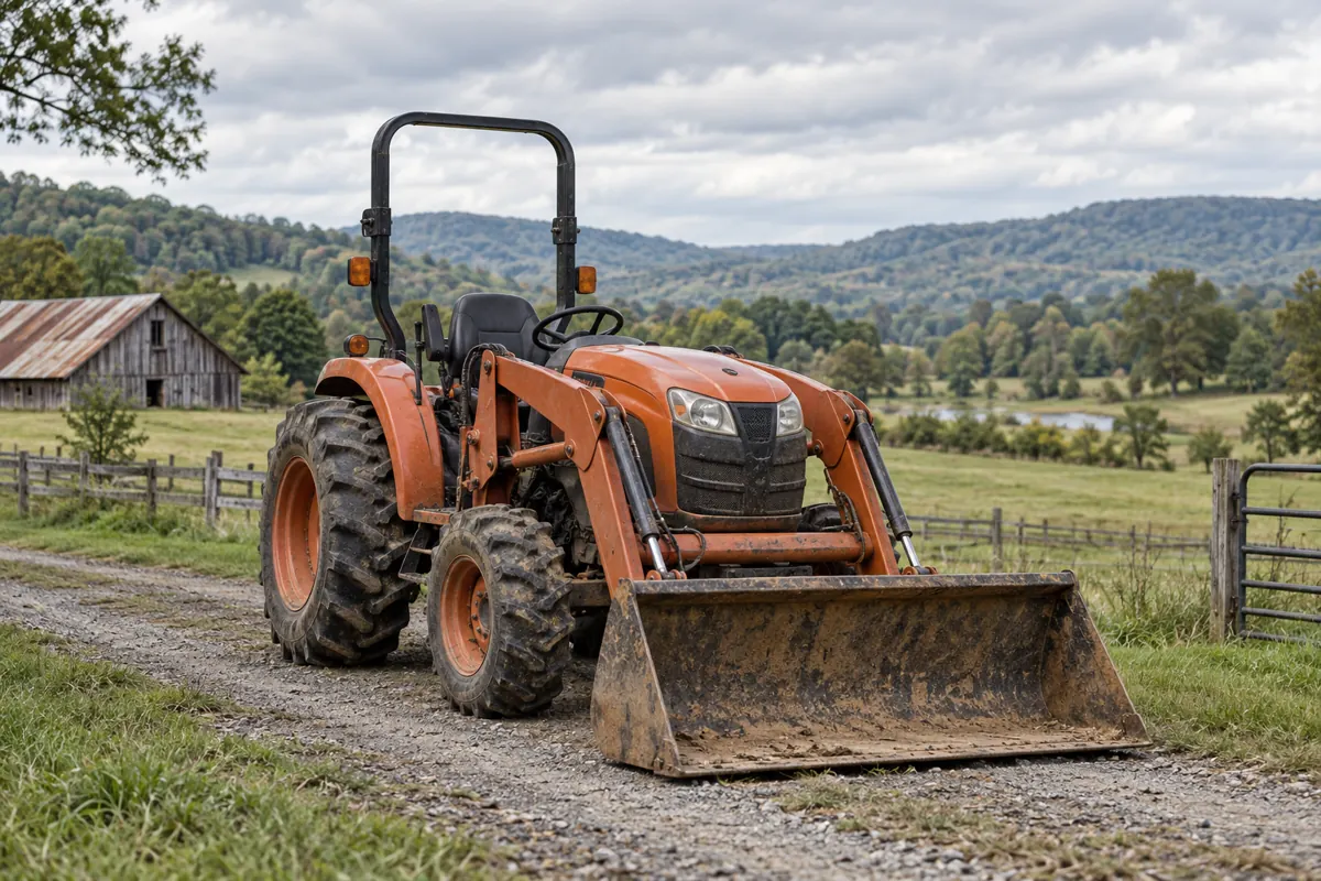 Illustration of an unbranded compact tractor parked on a rural property