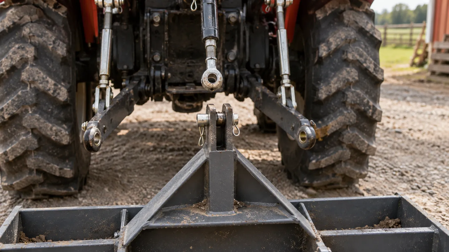 Rear 3 point hitch arms of a compact tractor lined up with an implement's hitch pins