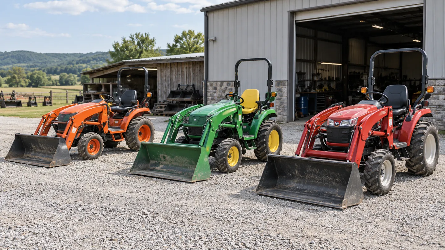 Three compact tractors in different colors parked outside a rural tractor dealership