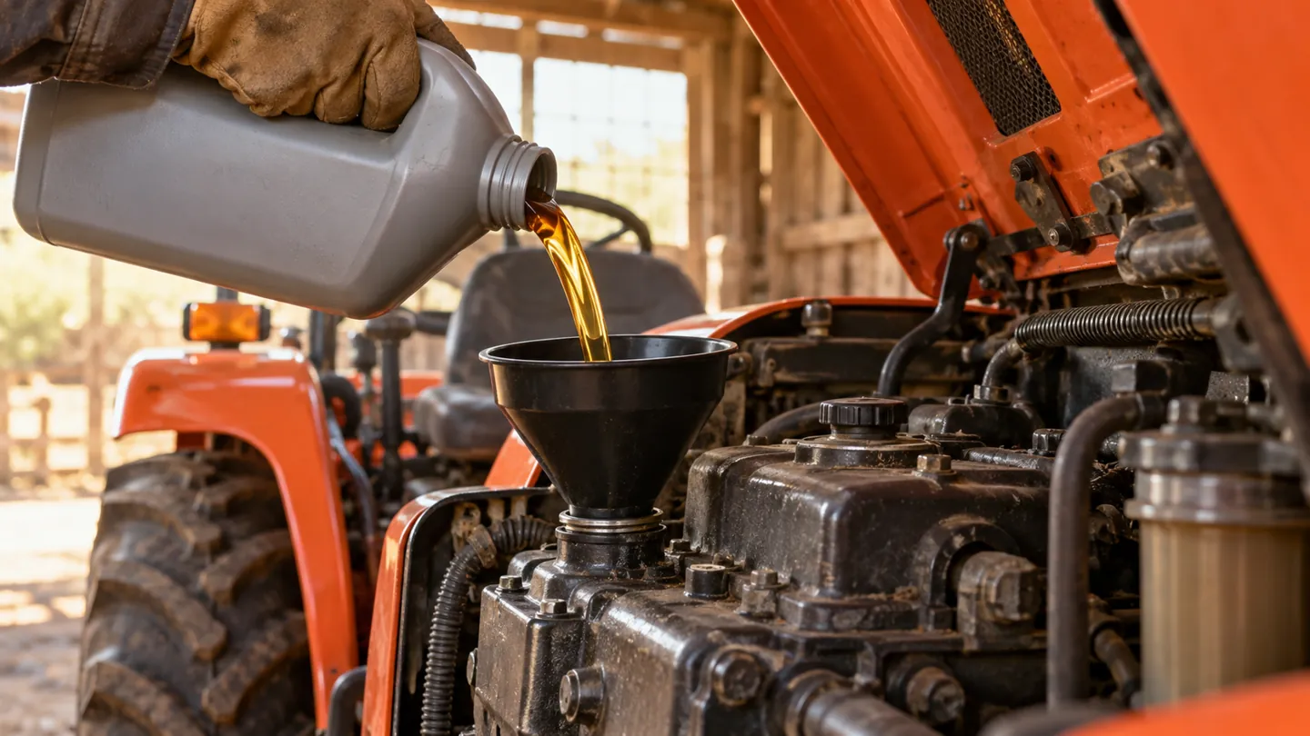 Pouring engine oil into the fill port of a compact diesel tractor with the hood open