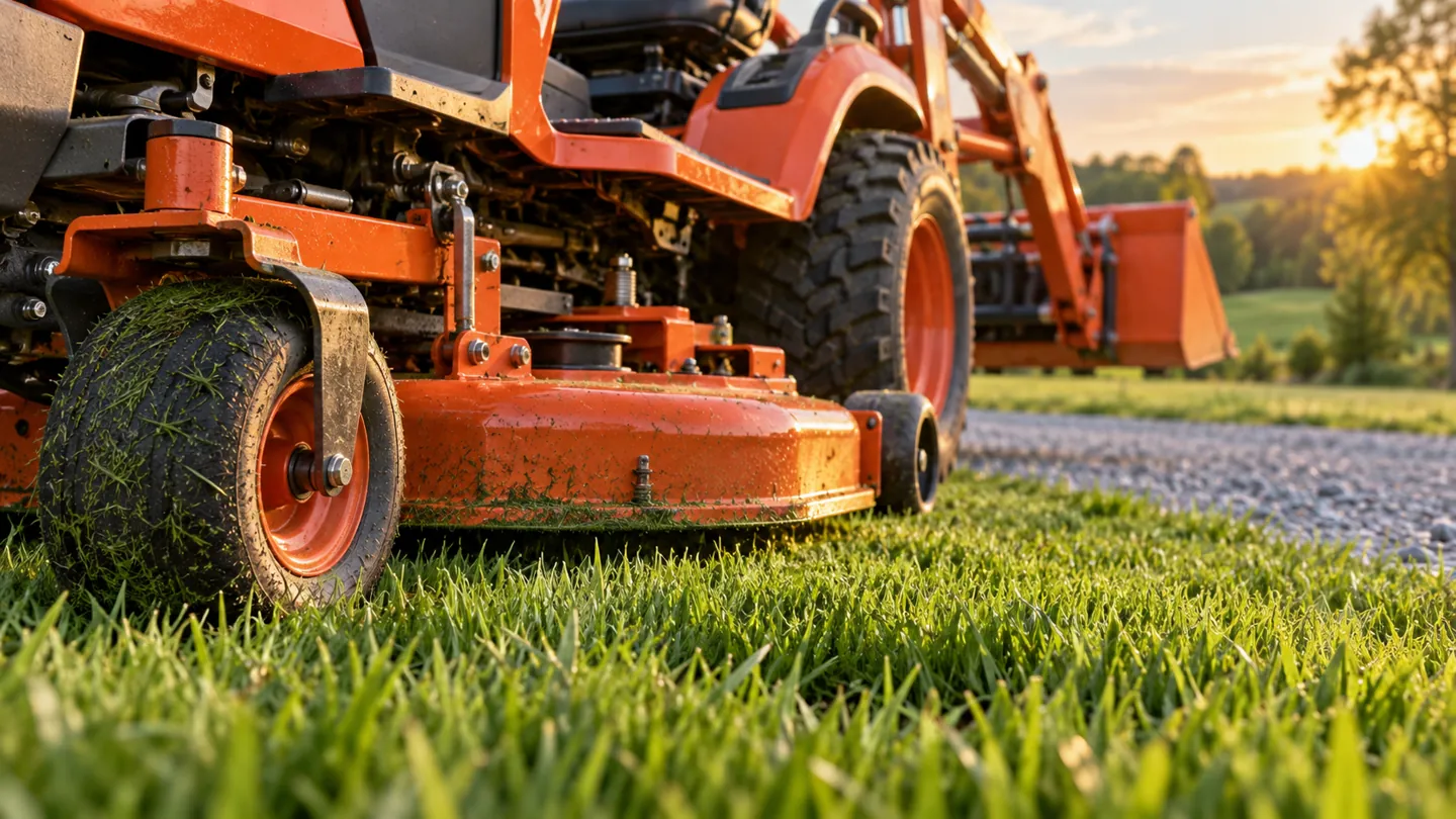 Sub compact tractor with a front loader and mower deck parked on a mowed lawn