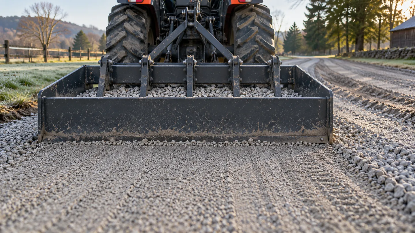 Compact tractor pulling a box blade across a rutted gravel driveway