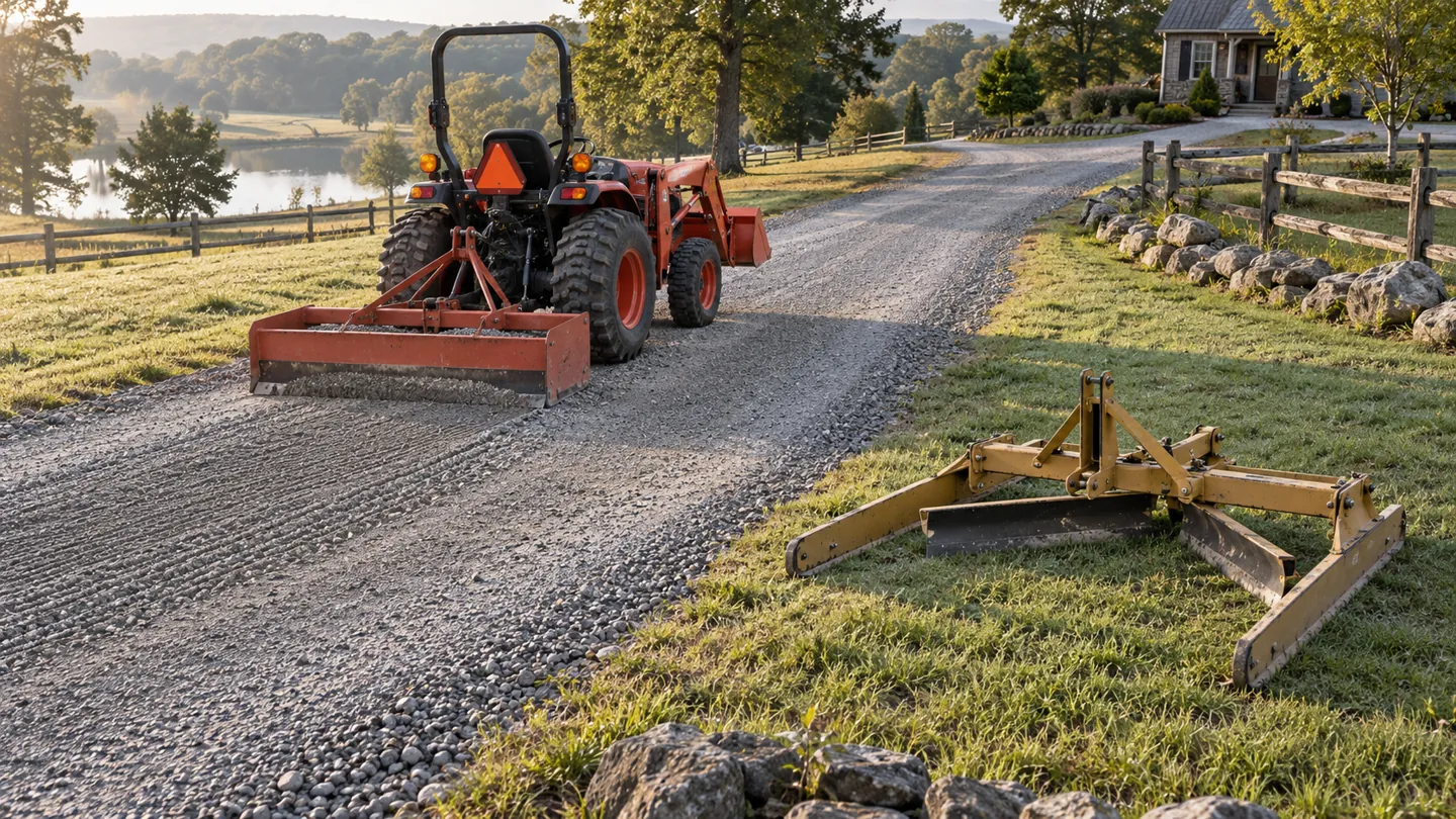 Compact tractor grading a gravel driveway with a box blade while a land plane sits beside the drive