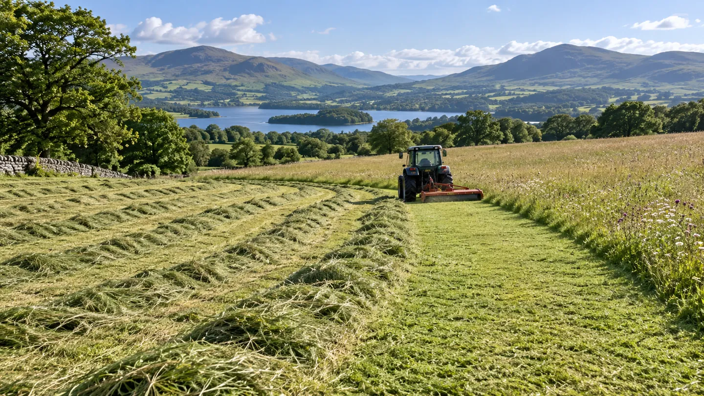 Compact tractor mowing an overgrown field with a rotary cutter on one side and a flail mower finish on the other