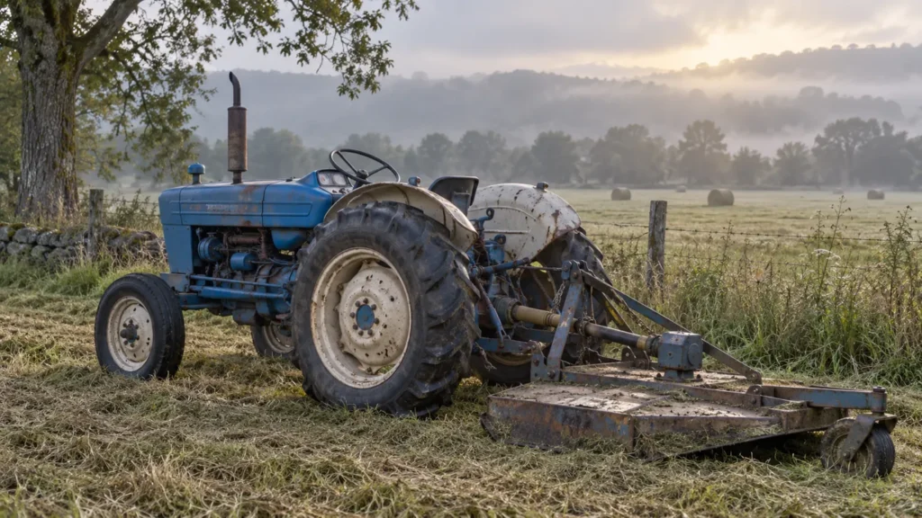 Blue and white vintage Ford 3 cylinder utility tractor parked at the edge of a hay field