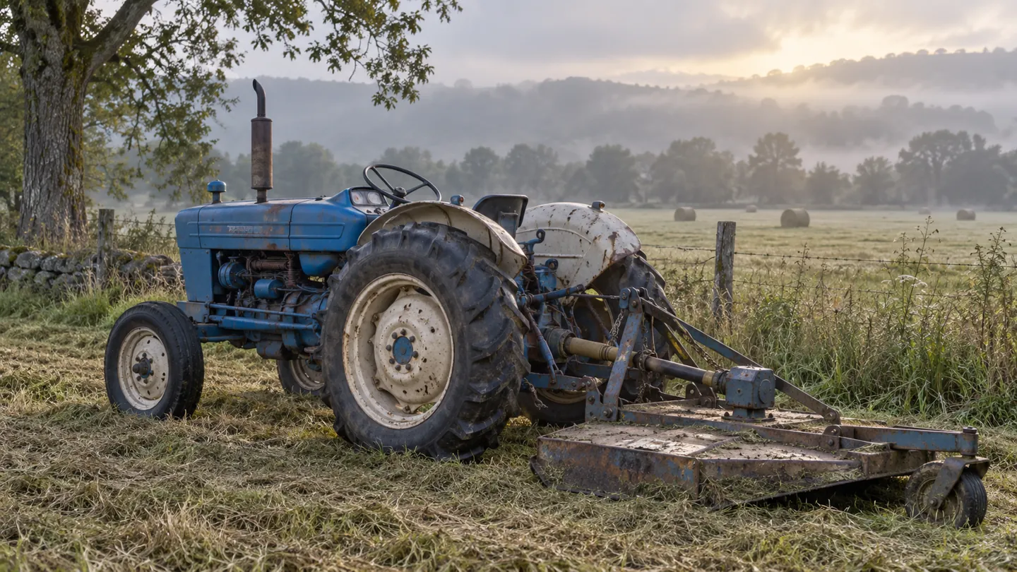 Blue and white vintage Ford 3 cylinder utility tractor parked at the edge of a hay field