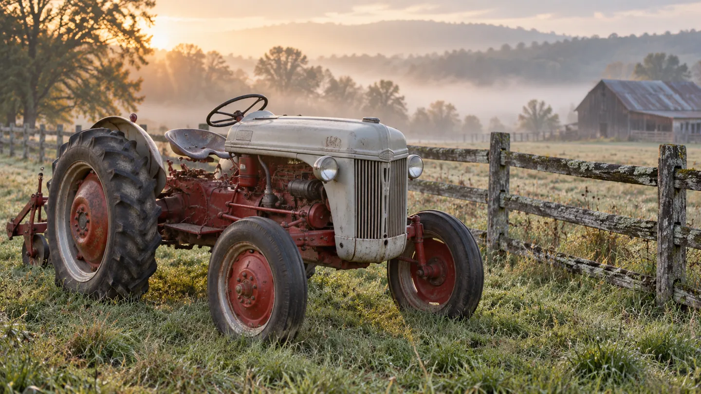 Red and gray Ford 8N tractor parked in a pasture beside a fence
