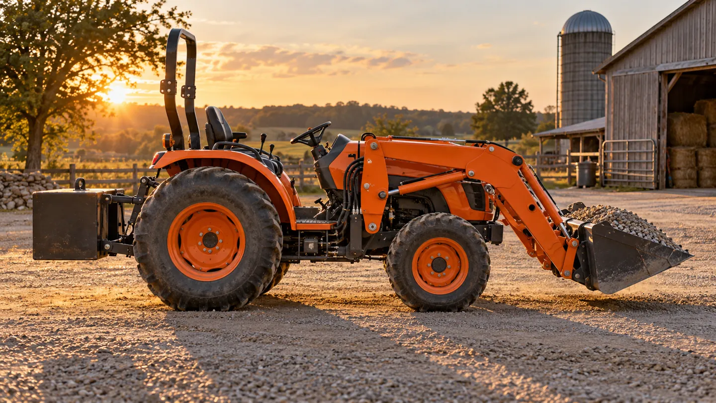 Compact tractor with a front end loader carrying a bucket of gravel low across a farm yard