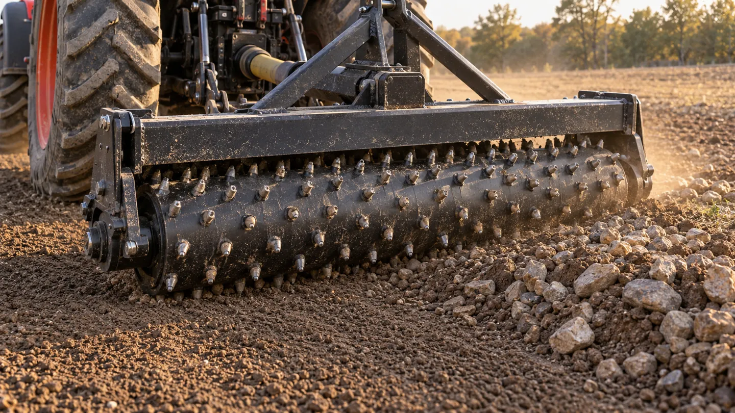 Compact tractor pulling a 3 point Harley power rake across loose soil with rocks windrowed to one side
