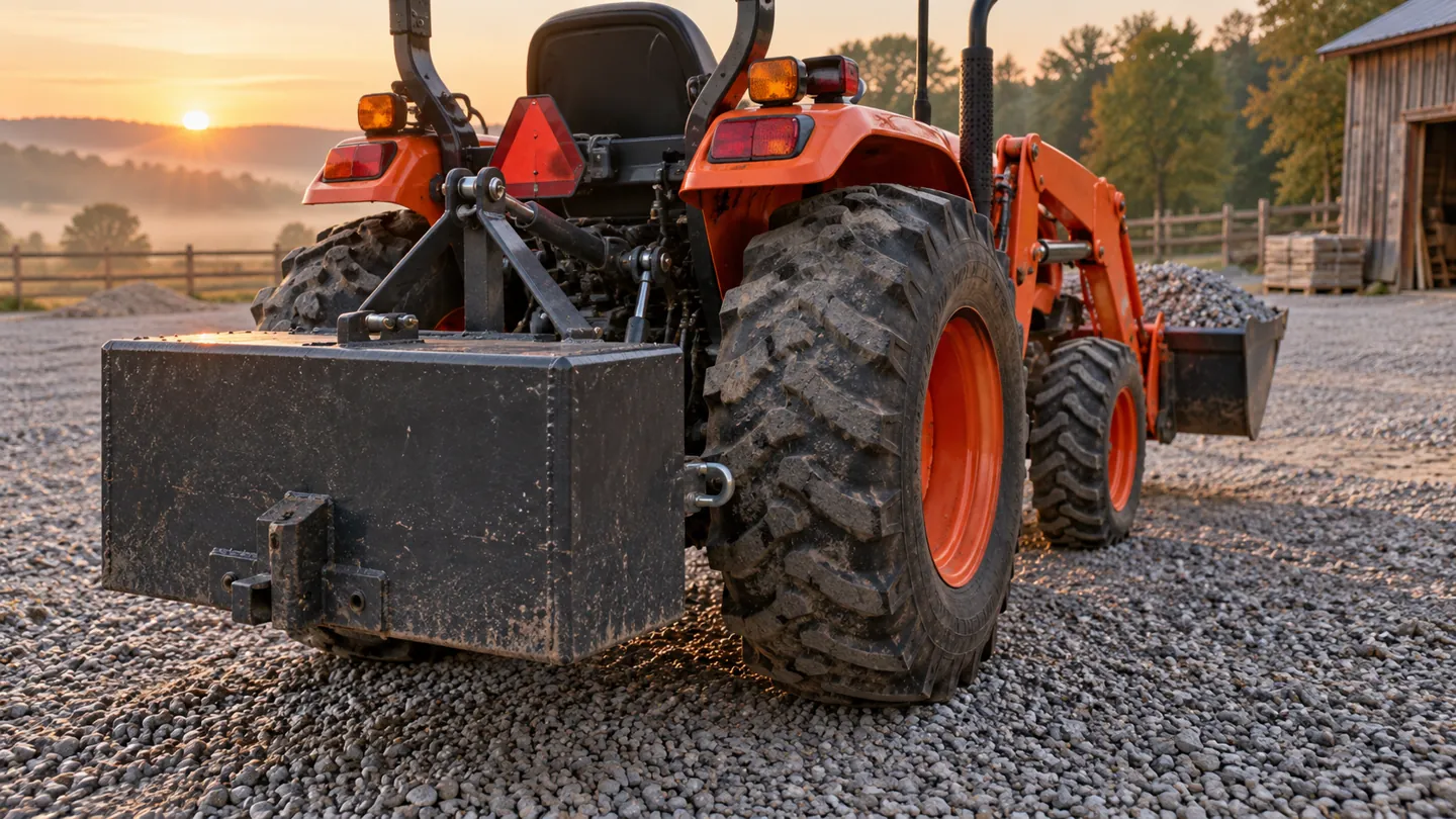 Compact tractor with a loaded front bucket and a ballast box on the rear 3 point hitch