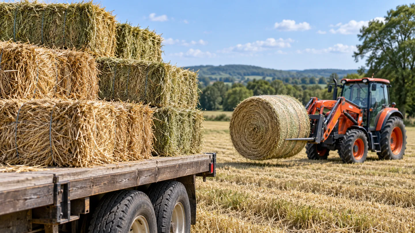 Compact tractor carrying a round hay bale on a loader mounted bale spear next to a trailer of small square bales
