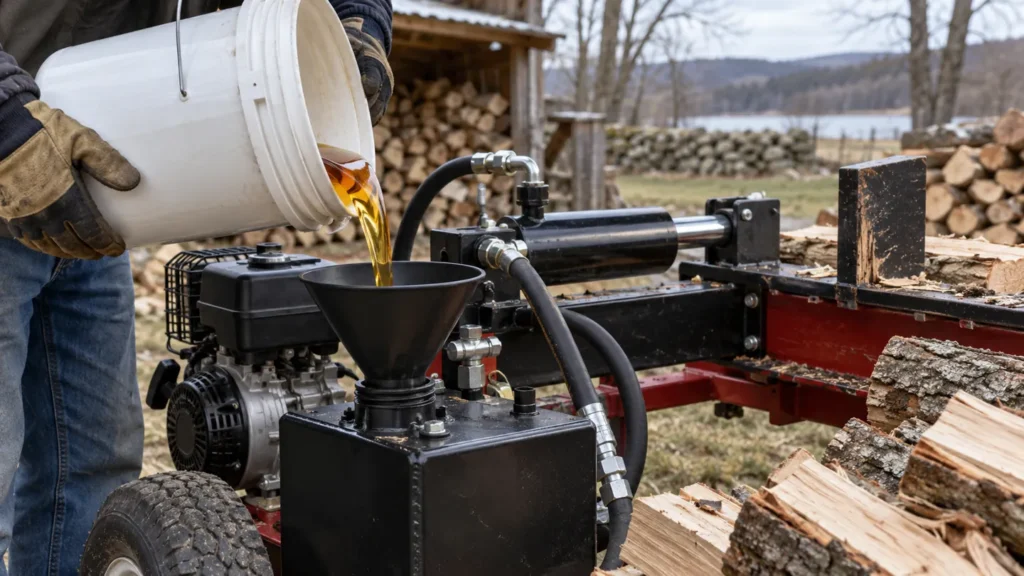 Pouring hydraulic oil into the tank of a log splitter