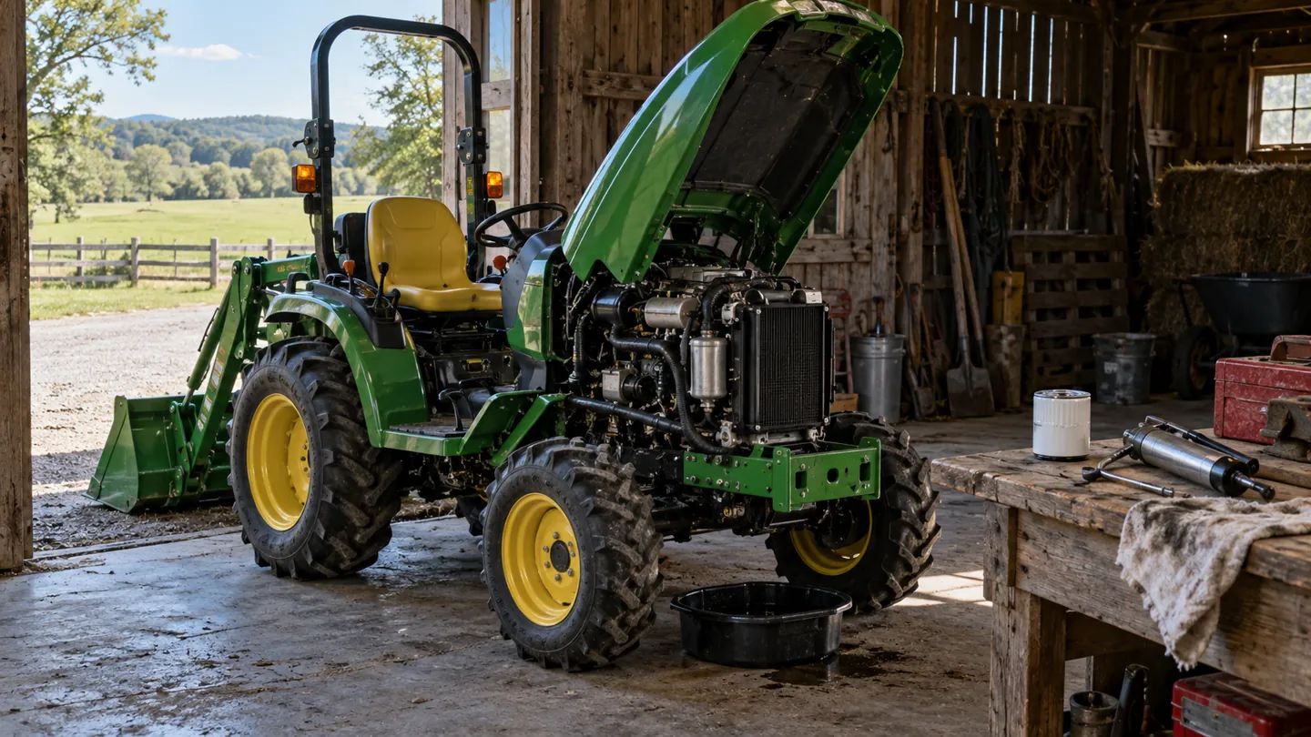 John Deere sub compact tractor with hood raised and service tools laid out beside it