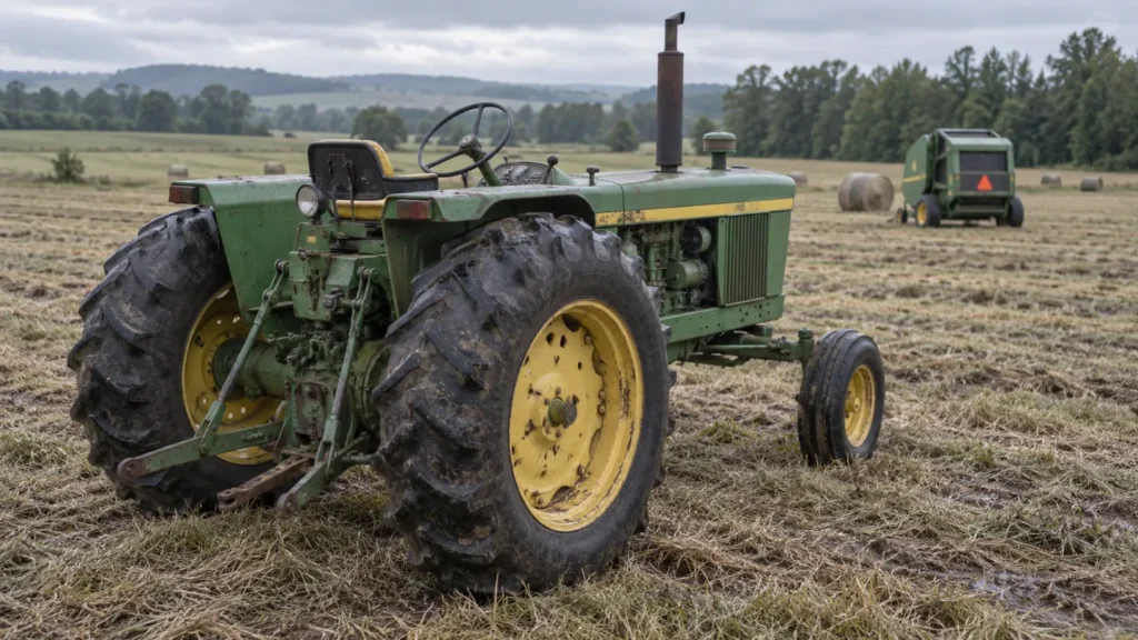 Green John Deere 3020 row crop tractor parked in a hay field