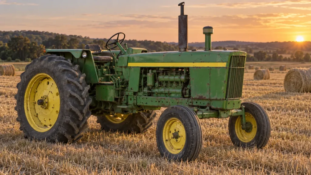 Green and yellow John Deere 4020 tractor parked in a hay field