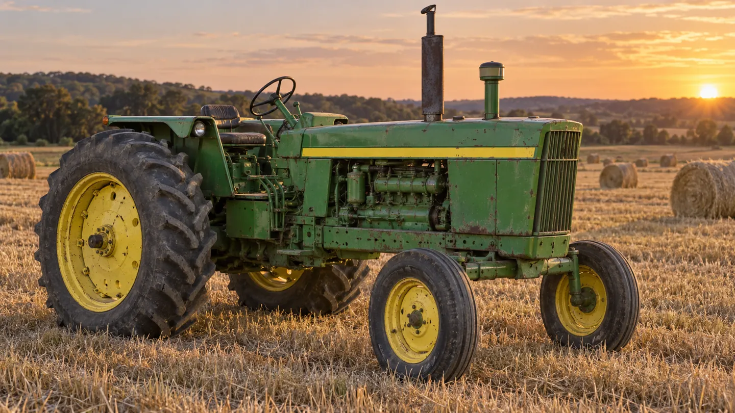 Green and yellow John Deere 4020 tractor parked in a hay field