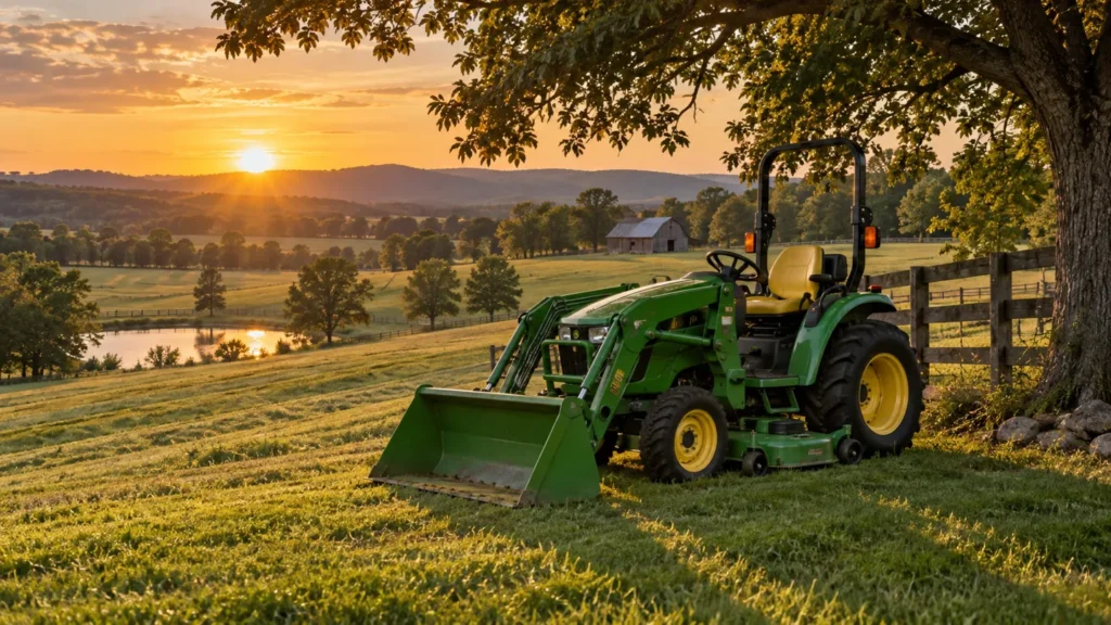 Green compact tractor with a front loader beside a mowed pasture