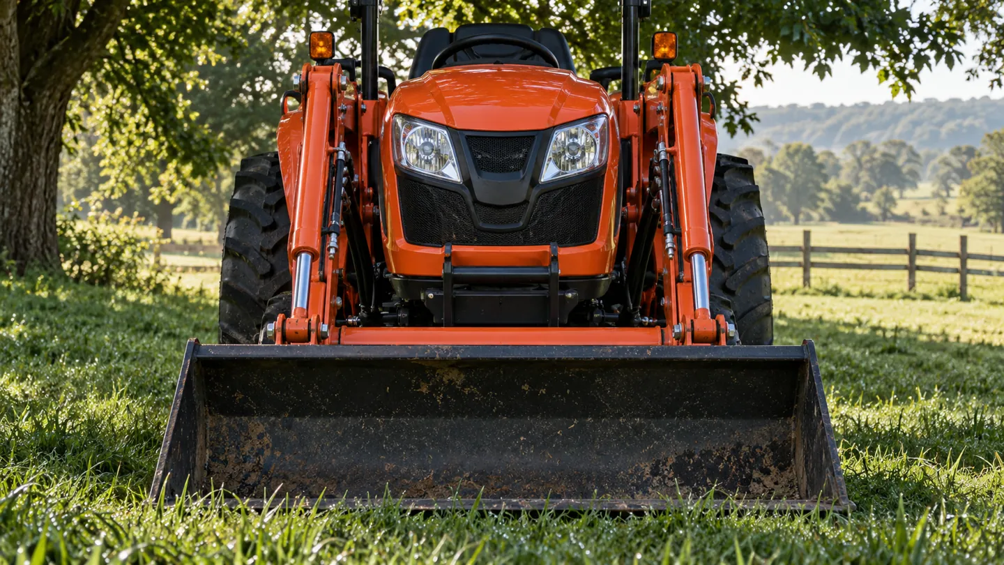 Orange compact tractor with a front loader on a mowed pasture