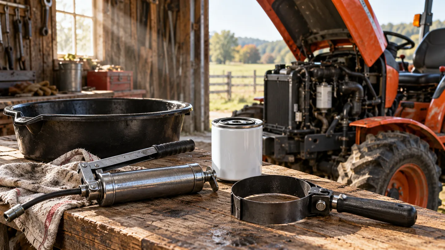 Orange sub compact tractor with the hood open and service tools laid out beside it
