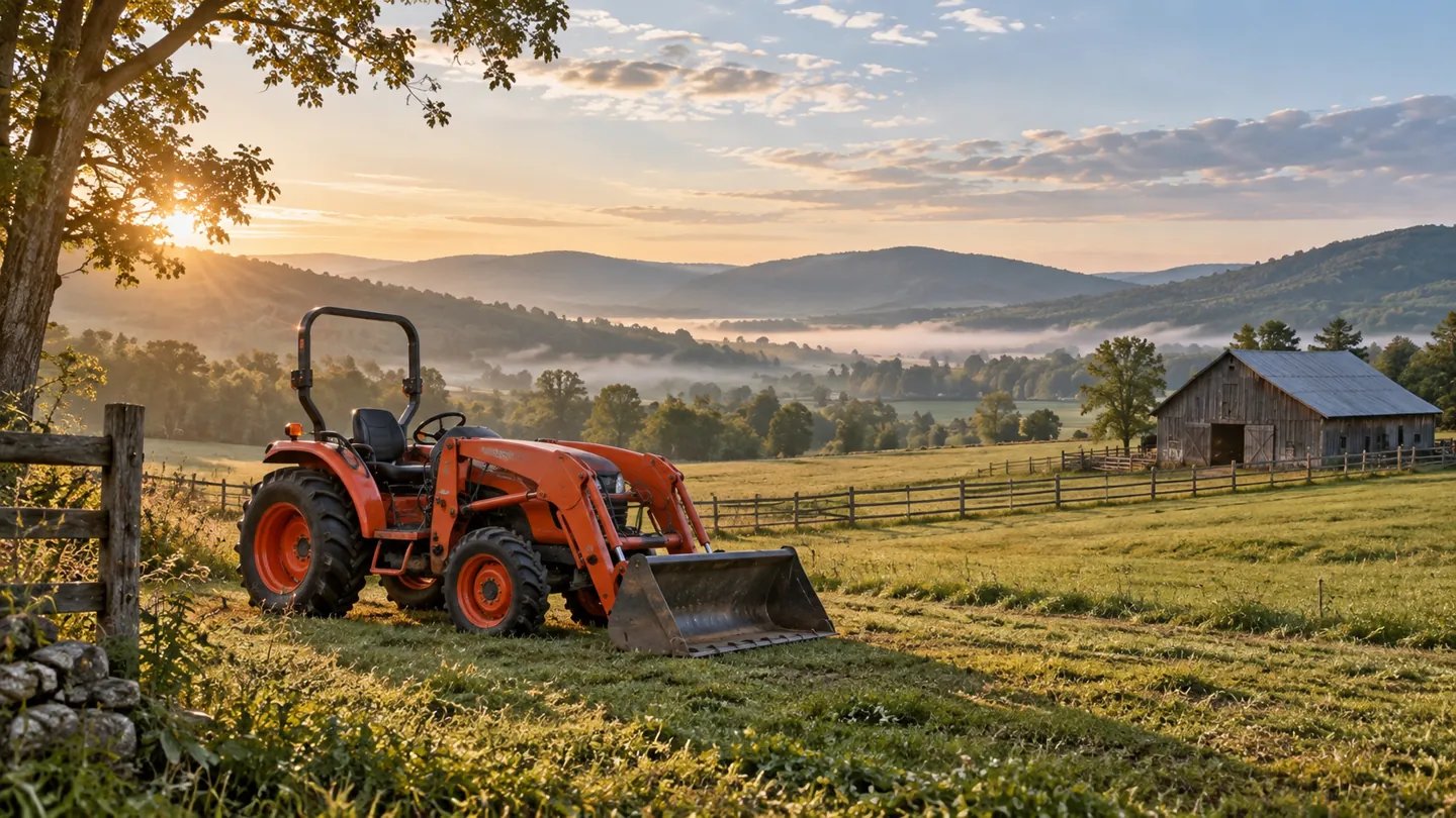 Orange compact tractor with a front loader on a mowed pasture