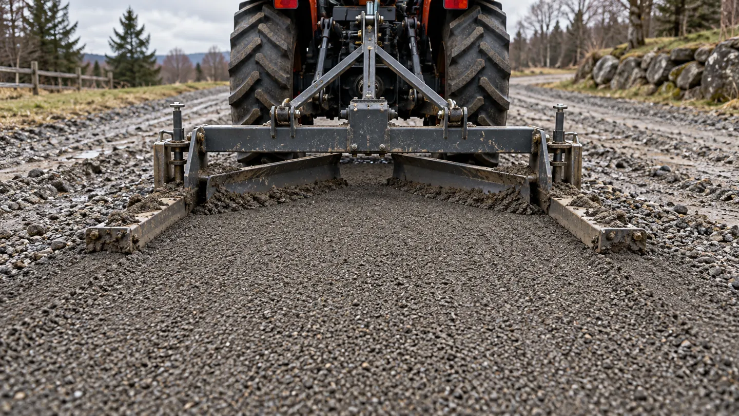 Compact tractor pulling a land plane to level a gravel driveway