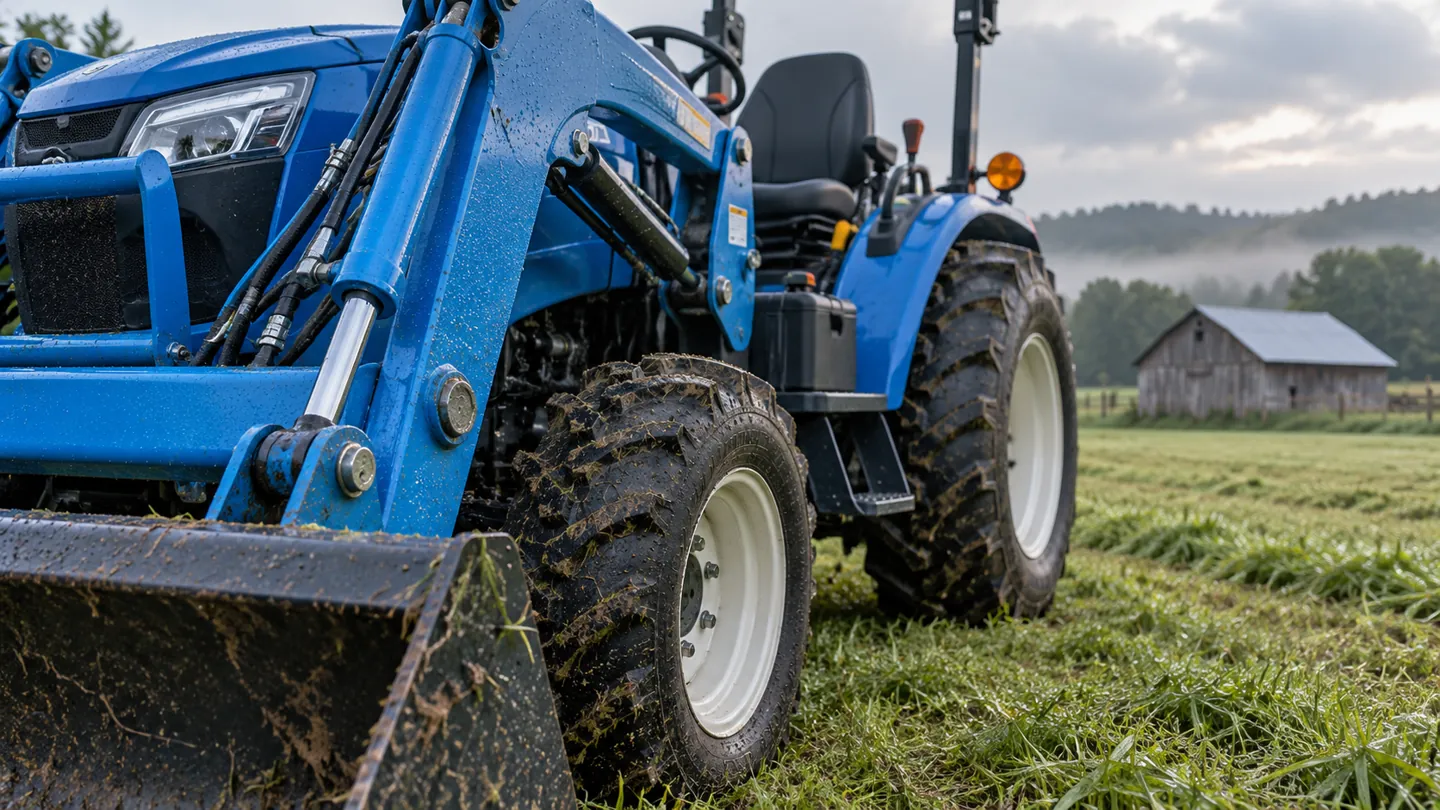 Blue compact tractor with a front loader beside a mowed field