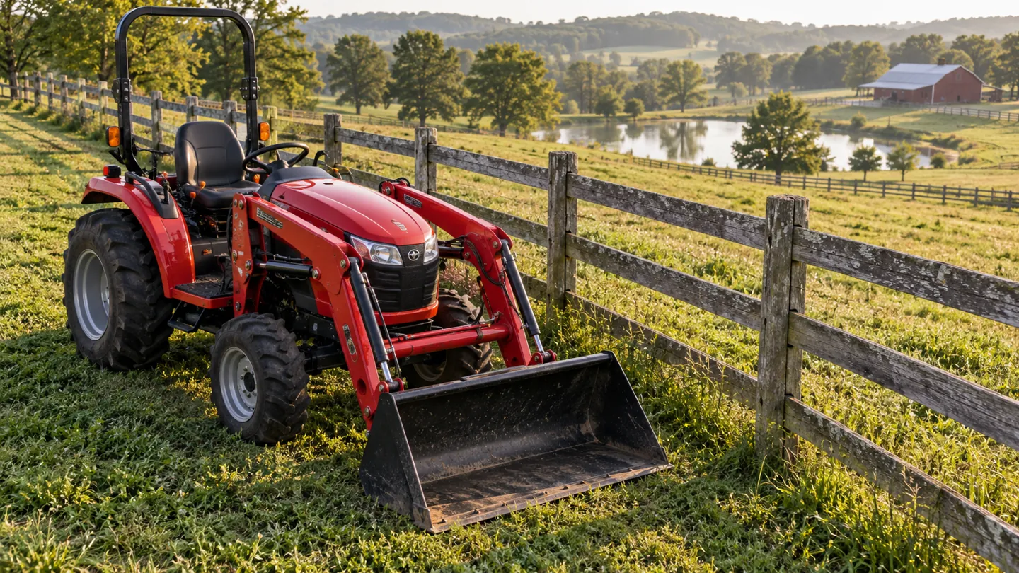 Red compact Mahindra tractor with front loader parked beside a pasture fence