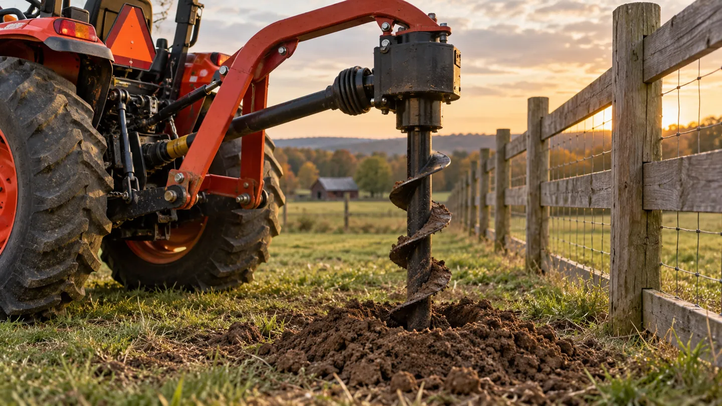Compact tractor drilling a fence post hole with a rear mounted 3 point post hole digger