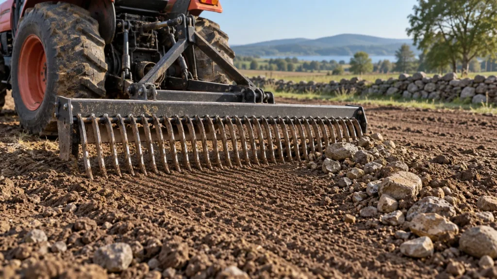 Compact tractor with a 3 point rock rake leaving a windrow of stones across a tilled field