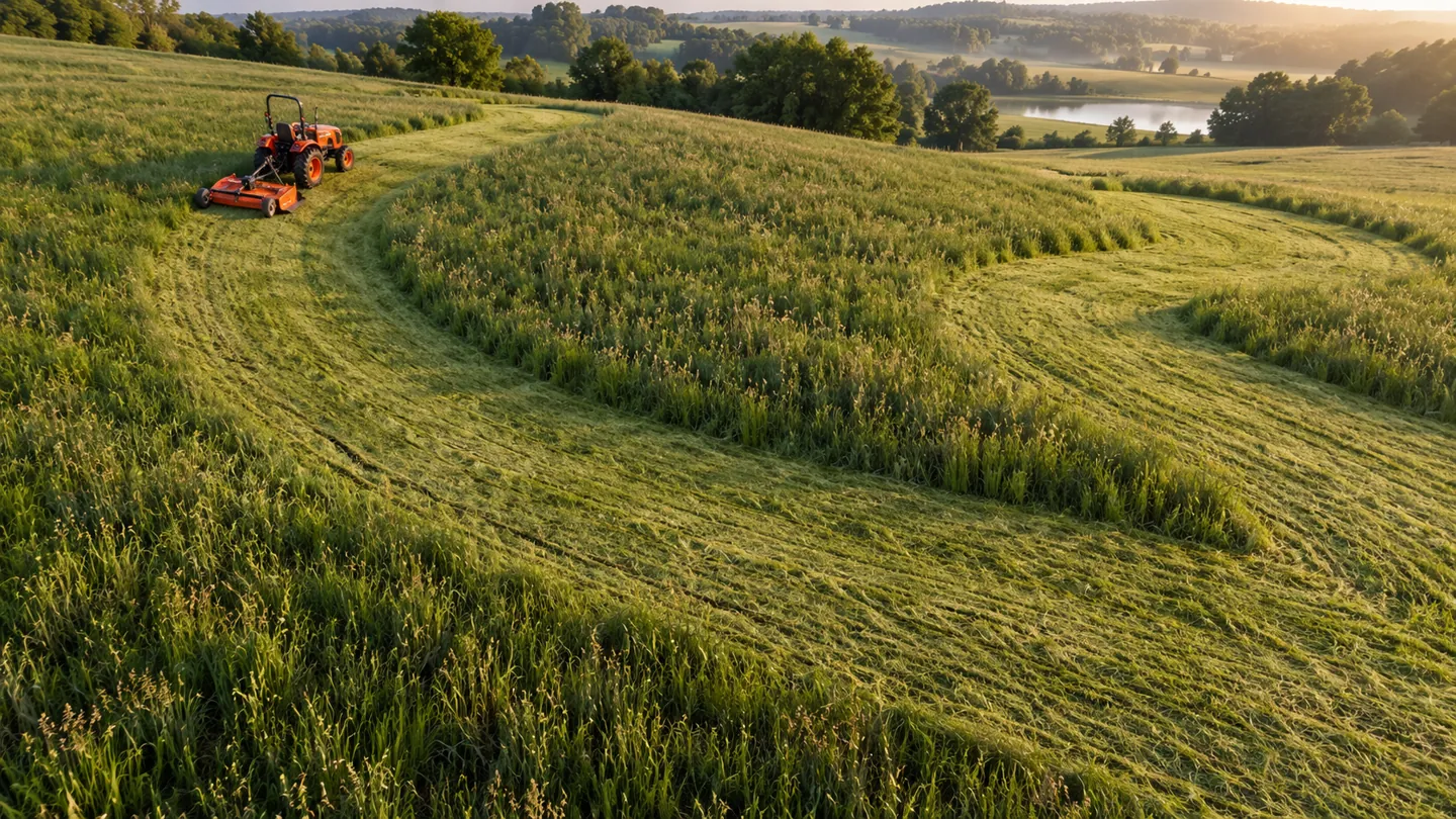 Compact tractor pulling a rotary cutter through tall pasture grass