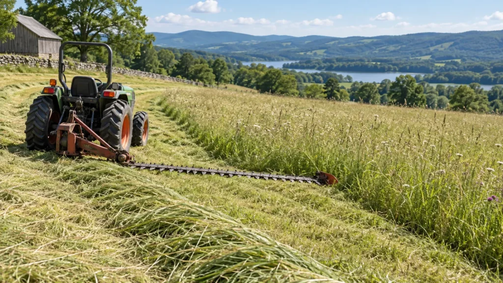 Compact tractor cutting hay with a 3 point sickle bar mower