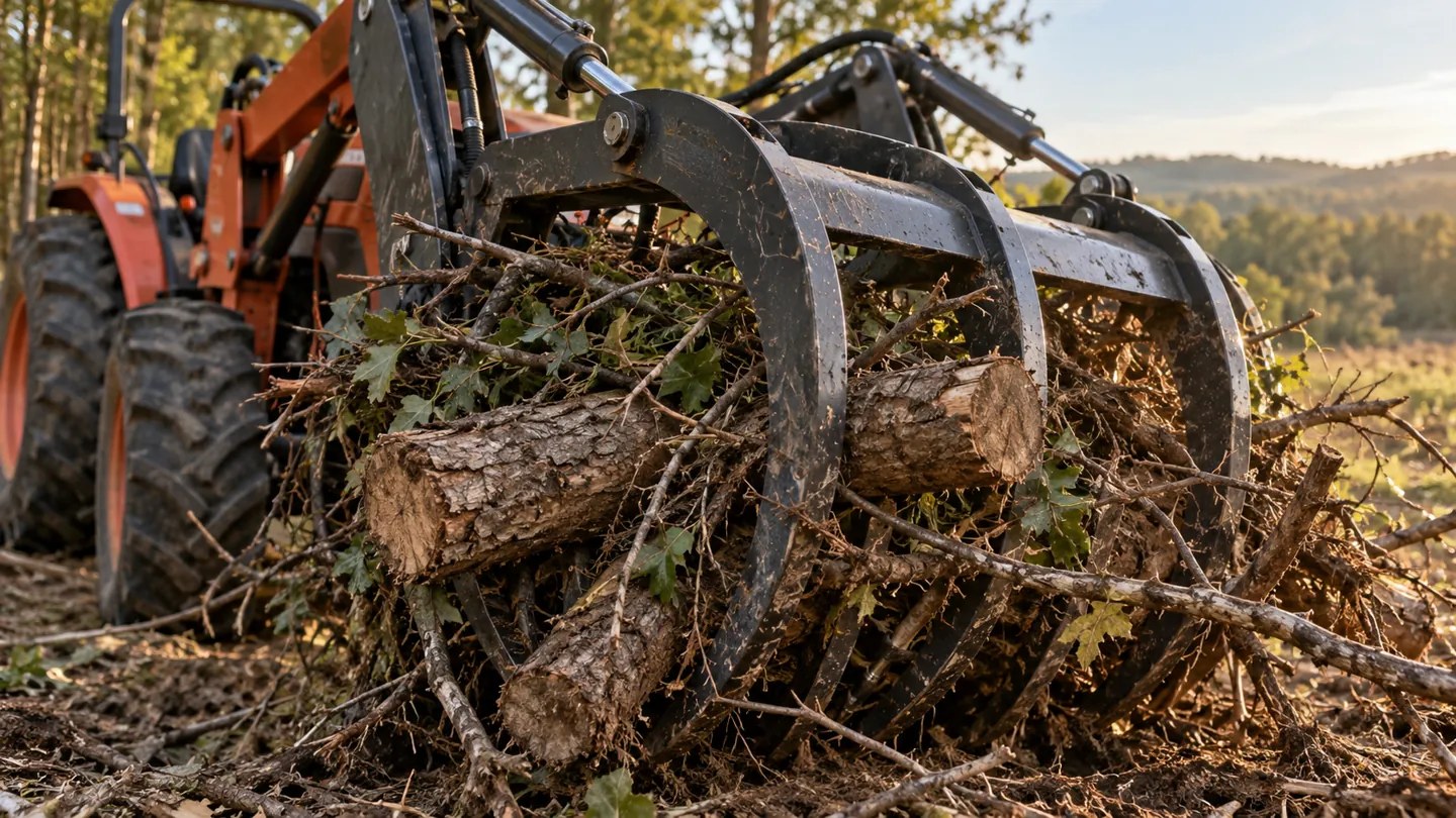 Compact tractor holding a pile of brush in a root grapple on a front end loader
