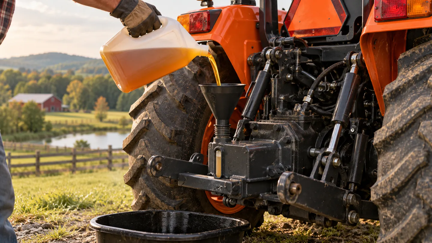 Pouring trans hydraulic fluid into a compact tractor fill port