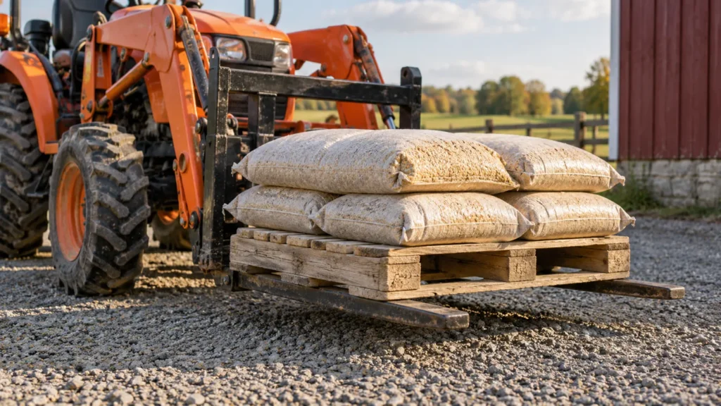 Compact tractor carrying a pallet of feed bags low on loader pallet forks