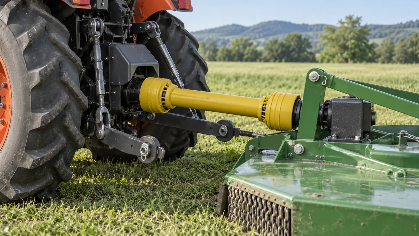 Compact tractor rear PTO stub with master shield and guarded driveline connected to a rotary cutter