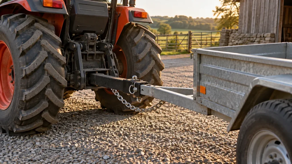 Compact tractor towing a small utility trailer from its rear drawbar