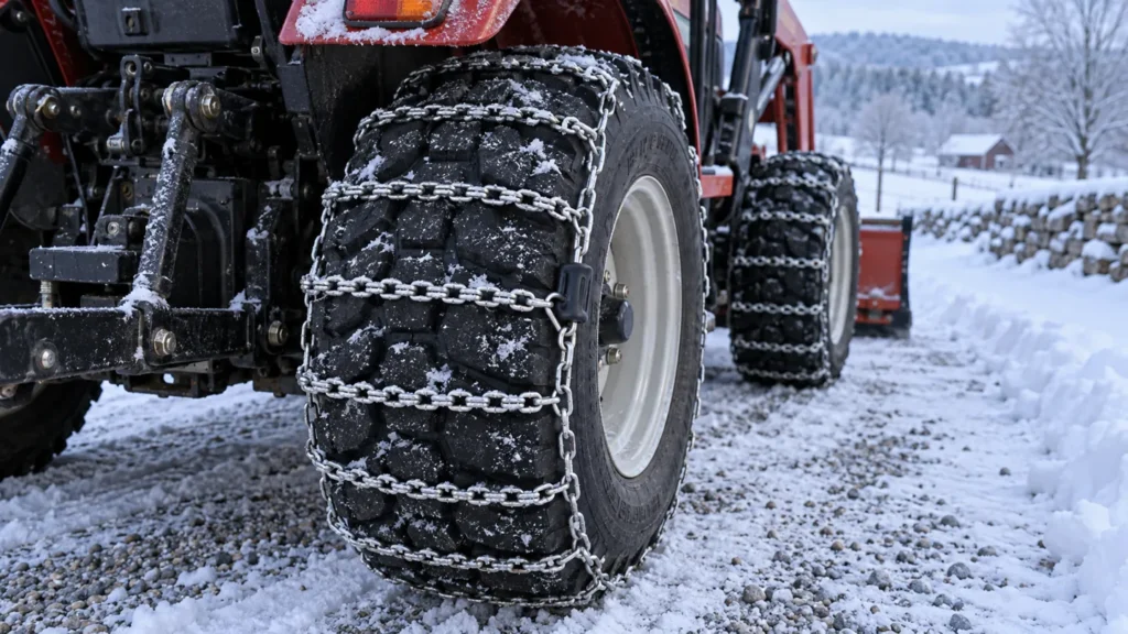 Compact tractor with ladder style tire chains on the rear wheels in snow