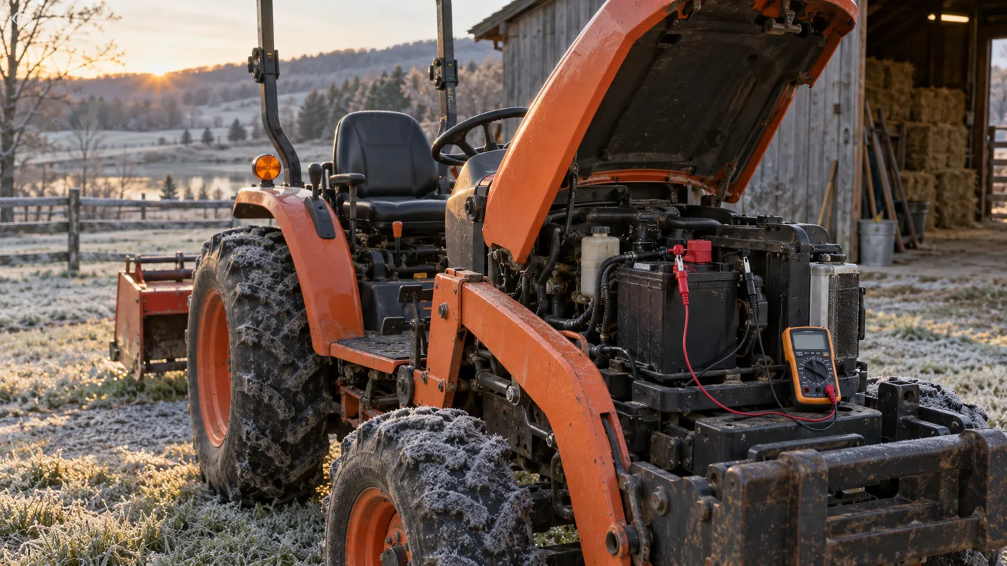 Compact diesel tractor with the hood open on a frosty morning, battery terminal being tested with a multimeter