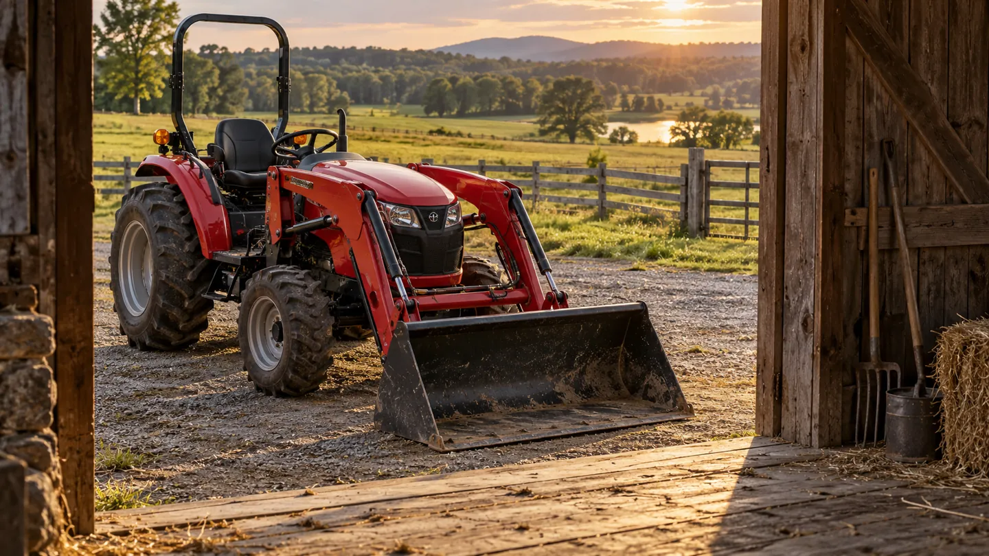 Red compact tractor with a front loader standing beside a pasture and barn