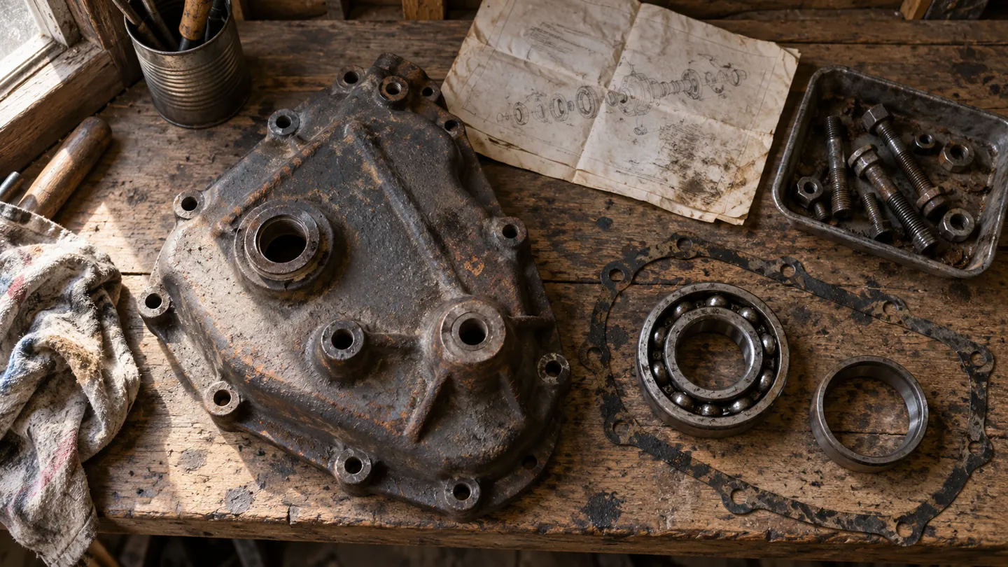 Old tractor parts and a worn bearing laid out on a barn workbench