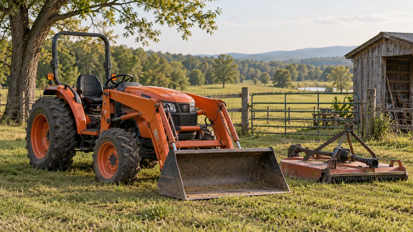 Compact tractor with front loader beside a mowed field and a farm gate