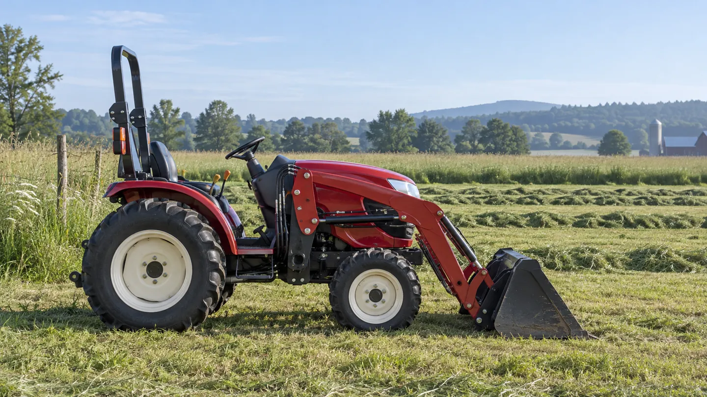 Compact tractor with a front loader on a mowed field edge